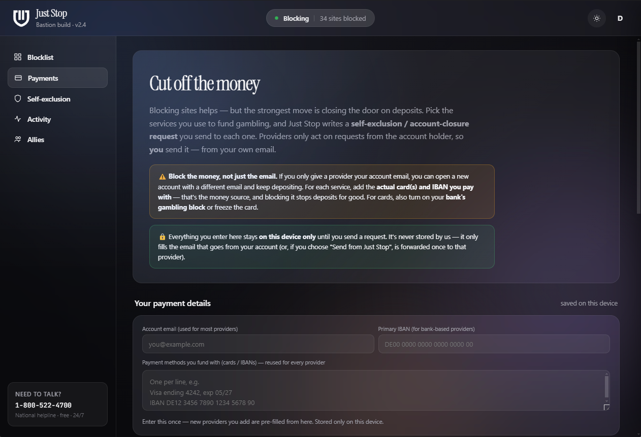 Sending payment self-exclusion requests