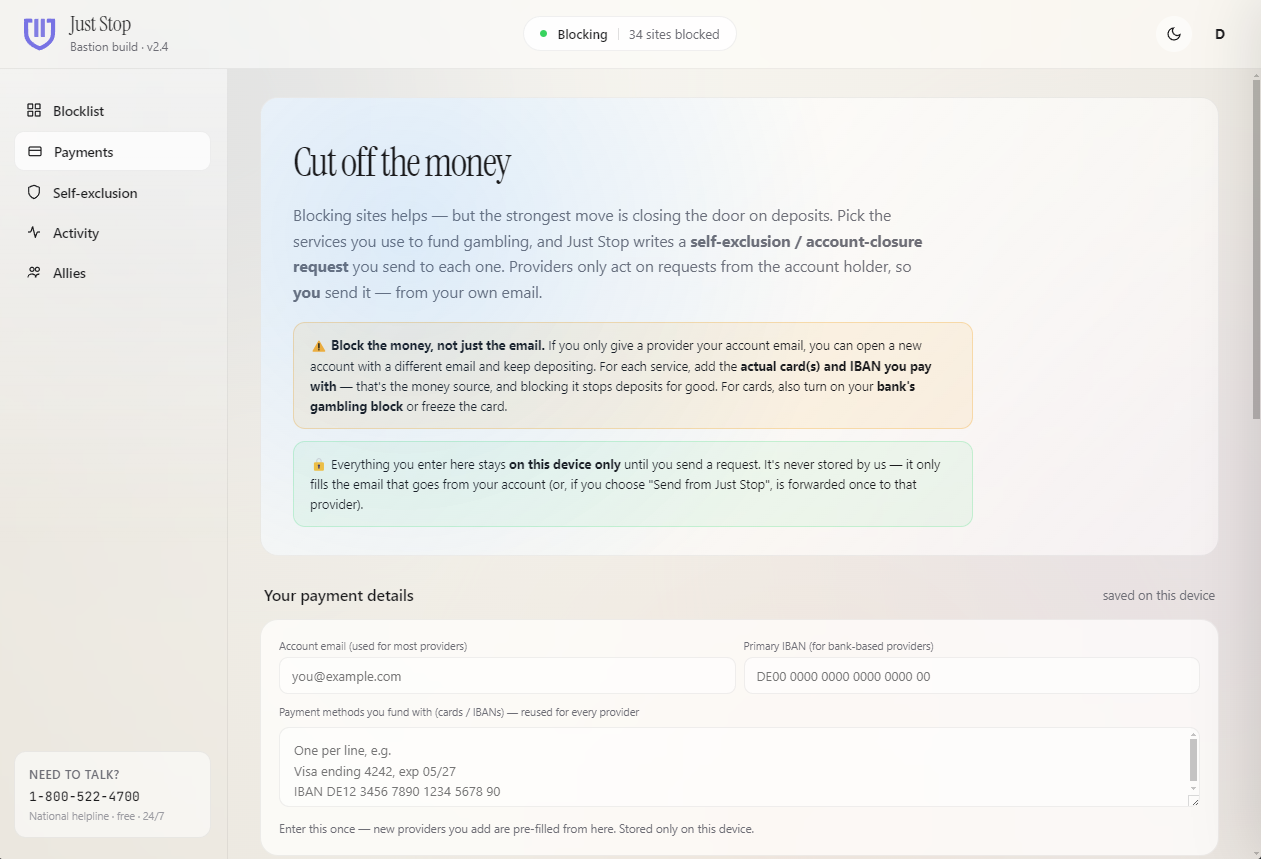 Sending payment self-exclusion requests